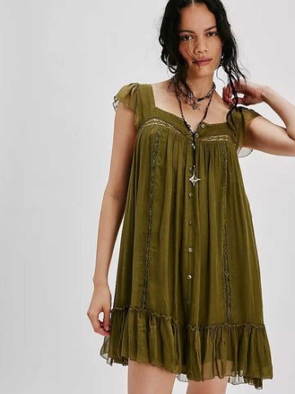 Free People Olivia Gauze Babydoll Dress Olive SM